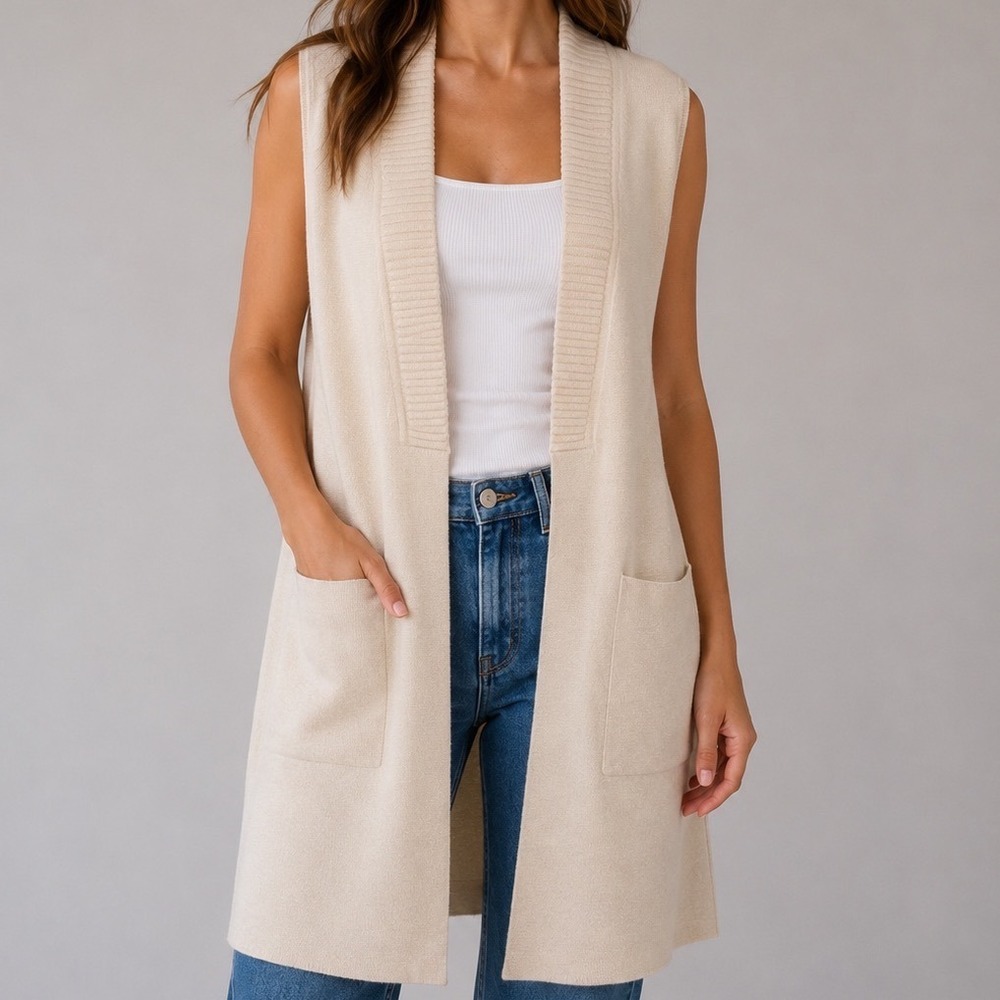 Chico's Petite Small Long Open Front Sweater Vest Cream Knit Pockets‎ Minimalist